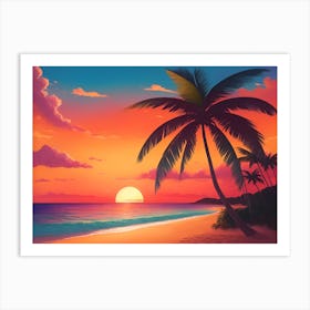 A Tranquil Beach At Sunset Horizontal Illustration 42 Art Print