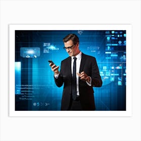 Businessman Immersed In A Modern Lifestyle Communicating Via Smartphone Fingers Dancing Across A T Art Print