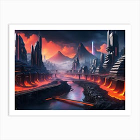 Cyberpunk city with lava and river 2 Art Print