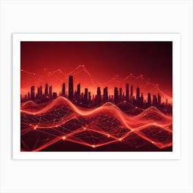 Abstract Image Of A Glowing, Red Network Over A Cityscape Silhouette 1 Art Print