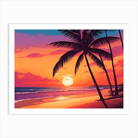 A Tranquil Beach At Sunset Horizontal Illustration 26 Art Print