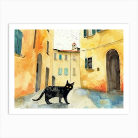 Black Cat In Pisa, Italy, Street Art Watercolour Painting 3 Art Print