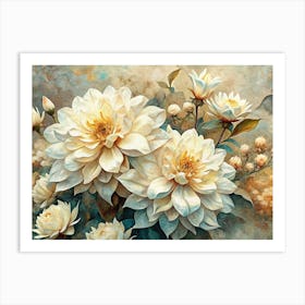 White Dahlia Flowers On A Watercolor Background Art Print