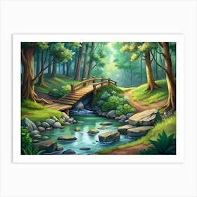 Wooden Bridge Over A Stream In A Lush Green Forest 1 Art Print