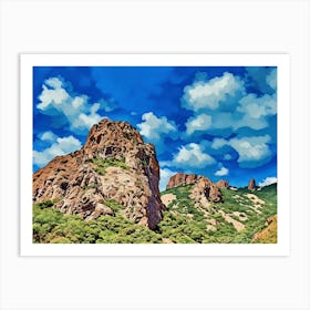 Majestic Rocky Peak Under a Clear Blue Sky. The image depicts a stunning natural landscape featuring a prominent rocky peak rising above a lush, green hillside. The sky is a vibrant blue with a few scattered clouds, adding to the serene and picturesque quality of the scene. The rocky formations and dense vegetation create a striking contrast, making the image visually captivating. 1 Art Print