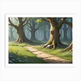 Illustration Of A Forest Scene With Sunlight Breaking Through The Tree Canopy Art Print