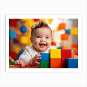 Baby Smiling Engaging With Vibrant Blocks Of Primary Colors Soft Focus Background Enhancing The Ch (4) Art Print