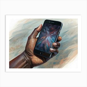 A Hand Holding A Smartphone With A Vibrant Abstract Design On The Screen Art Print