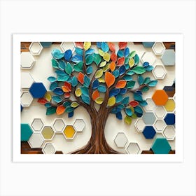 Vibrant With A Whimsical Tree, White Lattice Tiles, And Colorful Hexagons On Oak Wood Art Print