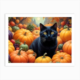 Black Cat Sitting In A Pile Of Pumpkins With A Moonlit Sky Art Print