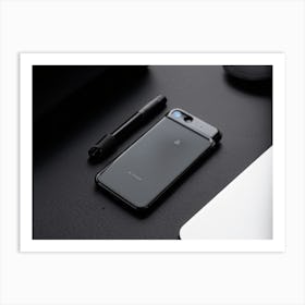 Black Leather Phone Case Modern And Sleek Resting On A Minimalist Workspace Featuring A Matte Gray Art Print