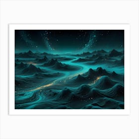 A Glowing, Turquoise River Flows Through A Dark, Alien Landscape Of Rolling Hills Under A Starry Sky Art Print