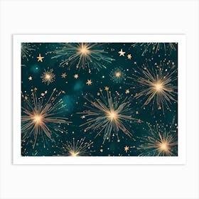 Abstract Background With Stylized Fireworks In Gold Against A Dark Green Background With Scattered Gold Stars 2 Art Print