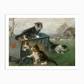 Vintage Painting Kittens In A Wagon Art Print