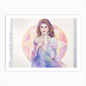 Watercolor Portrait Of A Graceful Woman Radiating Noble Elegance Entwined Within A Geometric Dreams Art Print