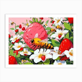 Bees And Strawberries 4 Art Print