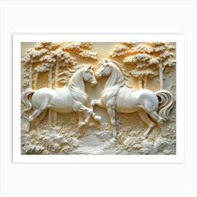 3d Relief Two Horse In Forest Art With Intricate Details And Elegant Design 2 Art Print