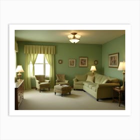 A Living Room Interior With Green Walls, A Green Couch, And Two Armchairs Art Print