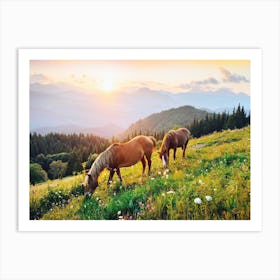 Horses Grazing On Hillside Art Print