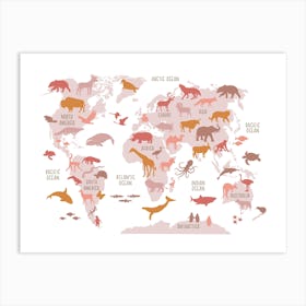 Baby Girl Room Decor, World Map Poster in Pink Art Print