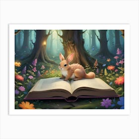 A Cute, Cartoonish Rabbit Sitting On An Open Book In A Magical Forest Setting, Surrounded By Colorful Flowers And Glowing Lights Art Print