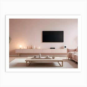 A Minimalist Living Room With A Pink Wall, A Pink Sofa, A White Coffee Table, And A Potted Plant, Representing A Modern And Contemporary Interior Design Style Art Print