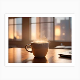 A White Mug With Steam Rising From It, Sitting On A Wooden Table In Front Of A Window With A Blurred View Of A Cityscape At Sunset 1 Art Print