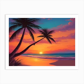 A Tranquil Beach At Sunset Horizontal Illustration 25 Art Print