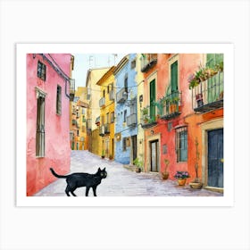 Tarragona, Spain   Cat In Street Art Watercolour Painting 2 Art Print