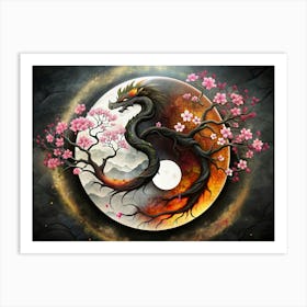 Yin Yang Symbol With Dragon And Cherry Blossom Tree Art Print