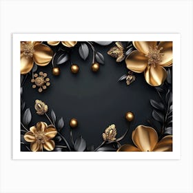 3d Artwork Illustration Background with Golden Jewelry and Flowers in Black 1 Art Print