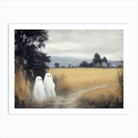 Cute Bedsheet Ghosts In Countryside, Vintage Style, Halloween Spooky Art Print