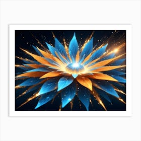 An Abstract Flower With Blue Petals And Orange Highlights, Surrounded By Glowing Particles Art Print