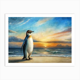 Emperor Penguin On A Beach At Sunset Art Print