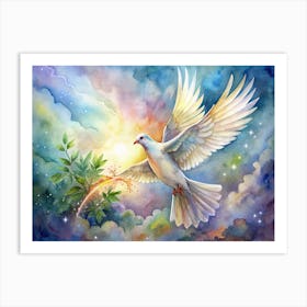 White Dove Flying With Olive Branch In Watercolor Style Art Print