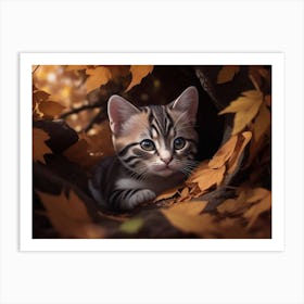 A Kitten Hiding Among Fallen Leaves Art Print