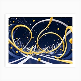 Abstract Scene Of Swirling, 3d Shapes In Shades Of Blue, White, And Yellow, Creating A Dynamic And Playful Effect Art Print