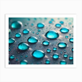 A Close Up Shot Of Water Droplets On A Textured, Blue Surface Art Print