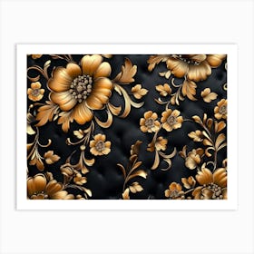 Golden Floral Background, Luxury Floral Damask With Flowers Golden And Black Elegant Leather Base Painting Art Print