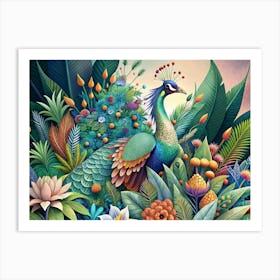 Peacock Standing In A Lush Tropical Garden Art Print