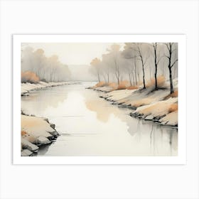 A Watercolor Painting Of A River Winding Through A Forest With Bare Trees Art Print