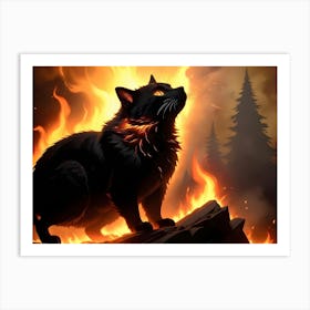 Black Cat With Glowing Eyes Stands Atop A Rock, Silhouetted By A Raging Fire Art Print