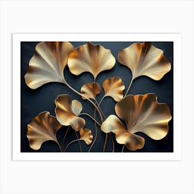 Refined 3d Floral Art with Golden Ginkgo Biloba Leaves on Dark Background 2 Art Print