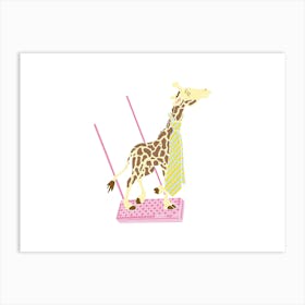 Giraffe Wearing A Tie Swinging On A Pink Wafer, Fun Circus Animal, Cake, Biscuit, Sweet Treat Print, Landscape Art Print