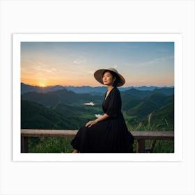 Evening View Of An Asian Woman Perched Solo On A Wooden Terrace Decked In A Summer Hat Her Black At (5) Art Print