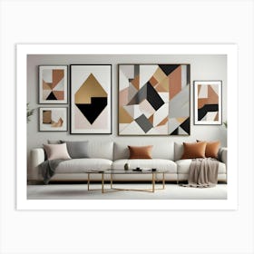 A Modern Living Room Interior With A White Sofa, A Glass Coffee Table, And A Gallery Wall Of Abstract Art Prints Featuring Geometric Shapes And Earthy Tones Art Print