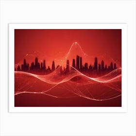 An Abstract Image Of A Futuristic Cityscape Silhouetted Against A Red Background, With A Network Of Glowing Lines Connecting The Buildings, Representing Technology, Connection, And Urban Development Art Print