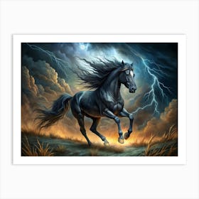 Black Stallion Running Through A Storm Art Print