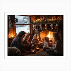 Woolly Sheep Family Gathered Around A Yuletide Hearth Warm Glows From The Fireplace Casting Soft Sh Art Print