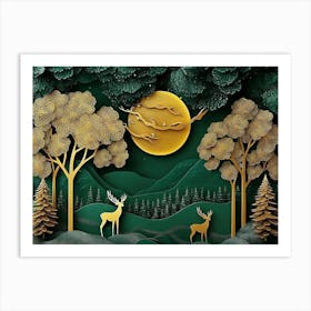 3d Forest in Dark Green and Golden Hues Art Print